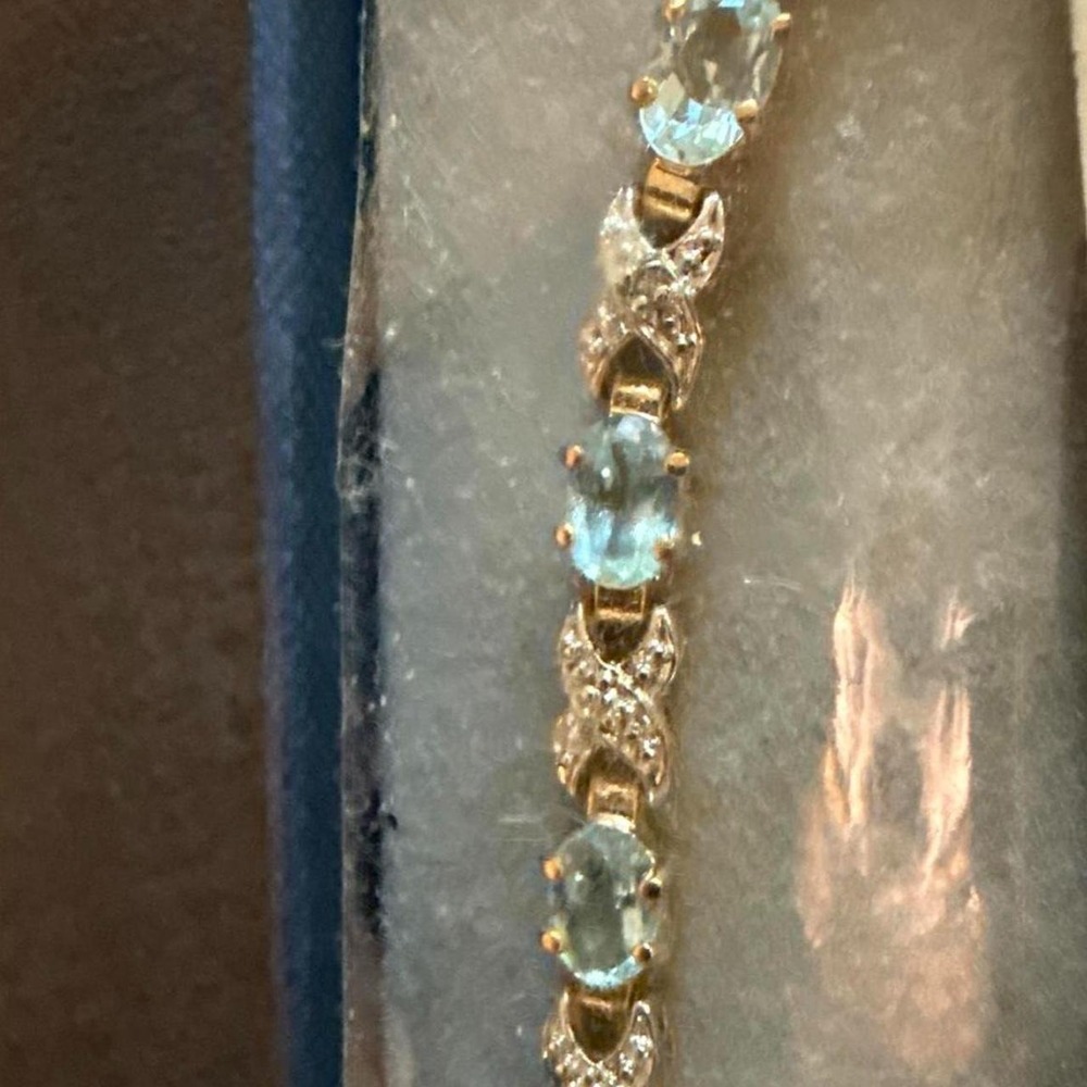 18k Gold Plated Blue Topaz & Diamond Tennis Bracelet NWT